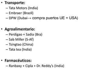 • Transporte:
– Tata Motors (India)
– Embraer (Brazil)
– DPW (Dubai→ compra puertos UE + USA)
• Agroalimentario:
– Perdigao + Sadia (Bra)
– Sab Miller (S-Af)
– Tsingtao (China)
– Tata tea (India)
• Farmacéuticos:
– Ranbaxy + Cipla + Dr. Reddy’s (India)
 