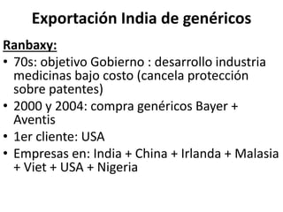 Exportación India de genéricos
Ranbaxy:
• 70s: objetivo Gobierno : desarrollo industria
medicinas bajo costo (cancela protección
sobre patentes)
• 2000 y 2004: compra genéricos Bayer +
Aventis
• 1er cliente: USA
• Empresas en: India + China + Irlanda + Malasia
+ Viet + USA + Nigeria
 