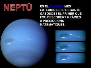 ÉS EL PLANETA MÉS
EXTERIOR DELS GEGANTS
GASOSOS I EL PRIMER QUE
FOU DESCOBERT GRÀCIES
A PREDICCIONS
MATEMÀTIQUES.
 