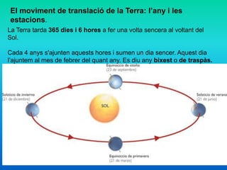 El moviment de translació de la Terra: l’any i les
estacions.
La Terra tarda 365 dies i 6 hores a fer una volta sencera al voltant del
Sol.
Cada 4 anys s'ajunten aquests hores i sumen un dia sencer. Aquest dia
l’ajuntem al mes de febrer del quant any. Es diu any bixest o de traspàs.
 