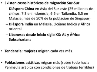 • Existen casos históricos de migración Sur-Sur:
– Diáspora China en Asia del Sur-este (25 millones de
chinos: 7.3 en Indonesia, 6.6 en Tailandia, 5.5 en
Malasia; más de 50% de la población de Singapur)
– Diáspora India en Malasia, Océano Indico y África
oriental
– Libaneses desde inicio siglo XX: AL y África
Subsahariana
• Tendencia: mujeres migran cada vez más
• Poblaciones asiáticas migran más (sobre todo hacia
Península arábica con condiciones de trabajo terribles)
 