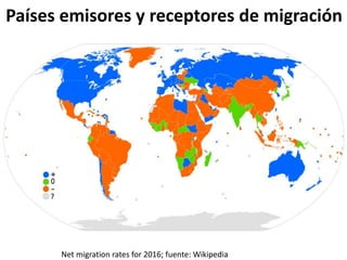 Países emisores y receptores de migración
Net migration rates for 2016; fuente: Wikipedia
 