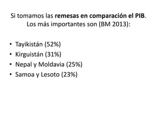 Si tomamos las remesas en comparación el PIB.
Los más importantes son (BM 2013):
• Tayikistán (52%)
• Kirguistán (31%)
• Nepal y Moldavia (25%)
• Samoa y Lesoto (23%)
 