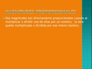 

Dos magnitudes son directamente proporcionales cuando al
multiplicar o dividir una de ellas por un número, la otra
queda multiplicada o dividida por ese mismo número.

 