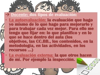  Docente: dos tipos de evaluación:
• La autoevaluación: la evaluación que hago
yo mismo de lo que hago para mejorarlo y
para trabajar cada vez mejor. Para ello me
tengo que fijar en: lo que planifico y en lo
que se hace dentro del aula (los
objetivos, las CC.BB., los contenidos, en la
metodología, en las actividades, en los
recursos …)
• La evaluación externa: la que otros hacen
de mí. Por ejemplo la inspección.
 