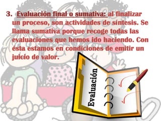 3. Evaluación final o sumativa: al finalizar
un proceso, son actividades de síntesis. Se
llama sumativa porque recoge todas las
evaluaciones que hemos ido haciendo. Con
ésta estamos en condiciones de emitir un
juicio de valor.
 