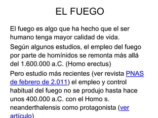 EL FUEGO
El fuego es algo que ha hecho que el ser
humano tenga mayor calidad de vida.
Según algunos estudios, el empleo del fuego
por parte de homínidos se remonta más allá
del 1.600.000 a.C. (Homo erectus)
Pero estudio más recientes (ver revista PNAS
de febrero de 2.011) el empleo y control
habitual del fuego no se produjo hasta hace
unos 400.000 a.C. con el Homo s.
neanderthalensis como protagonista (ver
 