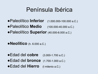 Península Ibérica
●Paleolítico Inferior (1.000.000-100.000 a.C.)
●Paleolítico Medio (100.000-40.000 a.C.)
●Paleolítico Superior (40.000-8.000 a.C.)
●Neolítico (h. 6.000 a.C.)
●Edad del cobre (3.000-1.700 a.C.)
●Edad del bronce (1.700-1.000 a.C.)
●Edad del Hierro (I milenio a.C.)
 