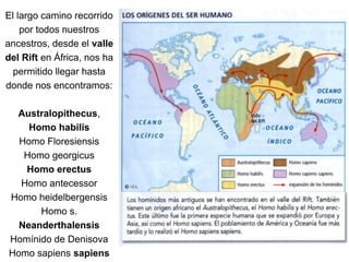 El largo camino recorrido
por todos nuestros
ancestros, desde el valle
del Rift en África, nos ha
permitido llegar hasta
donde nos encontramos:
Australopithecus,
Homo habilis
Homo Floresiensis
Homo georgicus
Homo erectus
Homo antecessor
Homo heidelbergensis
Homo s.
Neanderthalensis
Homínido de Denisova
Homo sapiens sapiens
 
