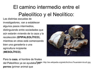 El camino intermedio entre el
Paleolítico y el Neolítico:
Las distintas escuelas de
investigadores, van a establecer
algunos pasos intermedios,
distinguiendo entre sociedades que
aún estarán viviendo de la caza y la
recolección (EPIPALEOLÍTICO),
mientras en otras está comenzando
bien una ganadería o una
agricultura incipiente
(MESOLÍTICO).
Para la caza, el hombre de finales
del Paleolítico ya se ayudaba por
perros (primer animal que
Fuente: http://es.wikipedia.org/wiki/Archivo:Feuerstein-bruch.jpg
 