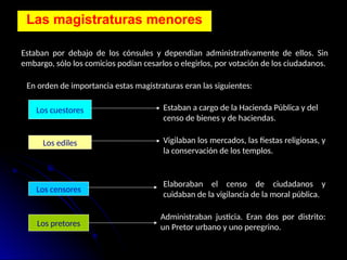 Las magistraturas menores
Estaban por debajo de los cónsules y dependían administrativamente de ellos. Sin
embargo, sólo los comicios podían cesarlos o elegirlos, por votación de los ciudadanos.
Los cuestores
En orden de importancia estas magistraturas eran las siguientes:
Los ediles
Los censores
Los pretores
Estaban a cargo de la Hacienda Pública y del
censo de bienes y de haciendas.
Vigilaban los mercados, las fiestas religiosas, y
la conservación de los templos.
Elaboraban el censo de ciudadanos y
cuidaban de la vigilancia de la moral pública.
Administraban justicia. Eran dos por distrito:
un Pretor urbano y uno peregrino.
 