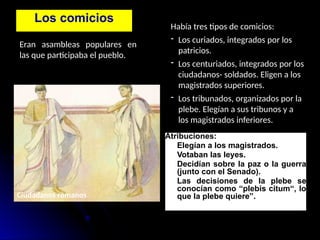 Los comicios
Atribuciones:
 Elegían a los magistrados.
 Votaban las leyes.
 Decidían sobre la paz o la guerra
(junto con el Senado).
 Las decisiones de la plebe se
conocían como “plebis citum“, lo
que la plebe quiere”.

Eran asambleas populares en
las que participaba el pueblo.
Ciudadanos romanos
Había tres tipos de comicios:
- Los curiados, integrados por los
patricios.
- Los centuriados, integrados por los
ciudadanos- soldados. Eligen a los
magistrados superiores.
- Los tribunados, organizados por la
plebe. Elegían a sus tribunos y a
los magistrados inferiores.
 