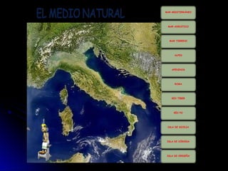 MAR MEDITERRÁNEO
MAR ADRIÁTICO
MAR TIRRENO
ALPES
APENINOS
ROMA
RÍO TÍBER
RÍO PO
ISLA DE SICILIA
ISLA DE CÓRCEGA
ISLA DE CERDEÑA
 
