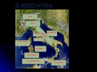 MAR MEDITERRÁNEO
MAR
ADRIÁTICO
MAR TIRRENO
ALPES
ROMA
RÍO TÍBER
RÍO PO
ISLA DE SICILIA
ISLA DE CÓRCEGA
ISLA DE CERDEÑA
MAR TIRRENO
MAR ADRIÁTICO
 