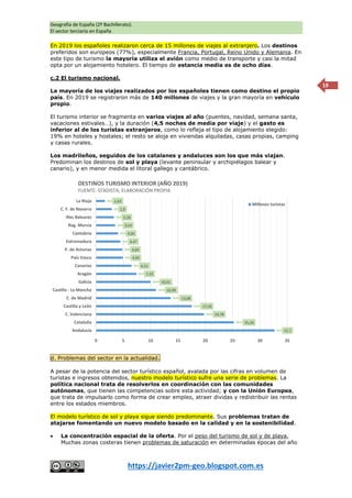 Geografía de España (2º Bachillerato).
El sector terciario en España
https://javier2pm-geo.blogspot.com.es
19
En 2019 los españoles realizaron cerca de 15 millones de viajes al extranjero. Los destinos
preferidos son europeos (77%), especialmente Francia, Portugal, Reino Unido y Alemania. En
este tipo de turismo la mayoría utiliza el avión como medio de transporte y casi la mitad
opta por un alojamiento hotelero. El tiempo de estancia media es de ocho días.
c.2 El turismo nacional.
La mayoría de los viajes realizados por los españoles tienen como destino el propio
país. En 2019 se registraron más de 140 millones de viajes y la gran mayoría en vehículo
propio.
El turismo interior se fragmenta en varios viajes al año (puentes, navidad, semana santa,
vacaciones estivales…), y la duración (4,5 noches de media por viaje) y el gasto es
inferior al de los turistas extranjeros, como lo refleja el tipo de alojamiento elegido:
19% en hoteles y hostales; el resto se aloja en viviendas alquiladas, casas propias, camping
y casas rurales.
Los madrileños, seguidos de los catalanes y andaluces son los que más viajan.
Predominan los destinos de sol y playa (levante peninsular y archipiélagos balear y
canario), y en menor medida el litoral gallego y cantábrico.
d. Problemas del sector en la actualidad.
A pesar de la potencia del sector turístico español, avalada por las cifras en volumen de
turistas e ingresos obtenidos, nuestro modelo turístico sufre una serie de problemas. La
política nacional trata de resolverlos en coordinación con las comunidades
autónomas, que tienen las competencias sobre esta actividad; y con la Unión Europea,
que trata de impulsarlo como forma de crear empleo, atraer dividas y redistribuir las rentas
entre los estados miembros.
El modelo turístico de sol y playa sigue siendo predominante. Sus problemas tratan de
atajarse fomentando un nuevo modelo basado en la calidad y en la sostenibilidad.
 La concentración espacial de la oferta. Por el peso del turismo de sol y de playa.
Muchas zonas costeras tienen problemas de saturación en determinadas épocas del año
32,7
25,26
19,78
17,56
13,68
10,99
10,01
7,43
6,51
4,93
4,84
4,47
4,04
3,54
3,28
2,9
1,63
0 5 10 15 20 25 30 35
Andalucía
Cataluña
C. Valenciana
Castilla y León
C. de Madrid
Castilla - La Mancha
Galicia
Aragón
Canarias
País Vasco
P. de Asturias
Extremadura
Cantabria
Reg. Murcia
Illes Baleares
C. F. de Navarra
La Rioja
DESTINOS TURISMO INTERIOR (AÑO 2019)
FUENTE: STADISTA; ELABORACIÓN PROPIA
Millones turistas
 