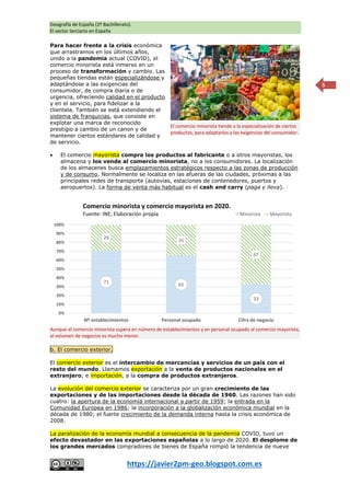 Geografía de España (2º Bachillerato).
El sector terciario en España
https://javier2pm-geo.blogspot.com.es
5
Para hacer frente a la crisis económica
que arrastramos en los últimos años,
unido a la pandemia actual (COVID), el
comercio minorista está inmerso en un
proceso de transformación y cambio. Las
pequeñas tiendas están especializándose y
adaptándose a las exigencias del
consumidor, de compra diaria o de
urgencia, ofreciendo calidad en el producto
y en el servicio, para fidelizar a la
clientela. También se está extendiendo el
sistema de franquicias, que consiste en
explotar una marca de reconocido
prestigio a cambio de un canon y de
mantener ciertos estándares de calidad y
de servicio.
 El comercio mayorista compra los productos al fabricante o a otros mayoristas, los
almacena y los vende al comercio minorista, no a los consumidores. La localización
de los almacenes busca emplazamientos estratégicos respecto a las zonas de producción
y de consumo. Normalmente se localiza en las afueras de las ciudades, próximas a las
principales redes de transporte (autovías, estaciones de contenedores, puertos y
aeropuertos). La forma de venta más habitual es el cash and carry (paga y lleva).
b. El comercio exterior.
El comercio exterior es el intercambio de mercancías y servicios de un país con el
resto del mundo. Llamamos exportación a la venta de productos nacionales en el
extranjero; e importación, a la compra de productos extranjeros.
La evolución del comercio exterior se caracteriza por un gran crecimiento de las
exportaciones y de las importaciones desde la década de 1960. Las razones han sido
cuatro: la apertura de la economía internacional a partir de 1959; la entrada en la
Comunidad Europea en 1986; la incorporación a la globalización económica mundial en la
década de 1980; el fuerte crecimiento de la demanda interna hasta la crisis económica de
2008.
La paralización de la economía mundial a consecuencia de la pandemia COVID, tuvo un
efecto devastador en las exportaciones españolas a lo largo de 2020. El desplome de
los grandes mercados compradores de bienes de España rompió la tendencia de nueve
El comercio minorista tiende a la especialización de ciertos
productos, para adaptarlos a las exigencias del consumidor.
71
65
33
29
35
67
0%
10%
20%
30%
40%
50%
60%
70%
80%
90%
100%
Nº establecimientos Personal ocupado Cifra de negocio
Comercio minorista y comercio mayorista en 2020.
Fuente: INE; Elaboración propia Minorista Mayorista
Aunque el comercio minorista supera en número de establecimientos y en personal ocupado al comercio mayorista,
el volumen de negocios es mucho menor.
 