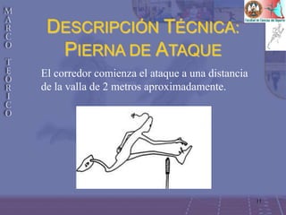 11
DESCRIPCIÓN TÉCNICA:
PIERNA DE ATAQUE
El corredor comienza el ataque a una distancia
de la valla de 2 metros aproximadamente.
 