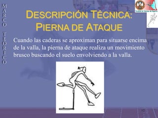 12
DESCRIPCIÓN TÉCNICA:
PIERNA DE ATAQUE
Cuando las caderas se aproximan para situarse encima
de la valla, la pierna de ataque realiza un movimiento
brusco buscando el suelo envolviendo a la valla.
 