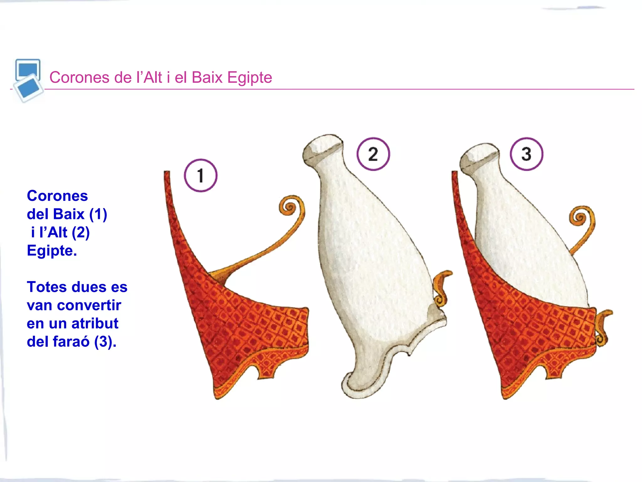 Corones de l’Alt i el Baix Egipte
Corones
del Baix (1)
i l’Alt (2)
Egipte.
Totes dues es
van convertir
en un atribut
del faraó (3).
 