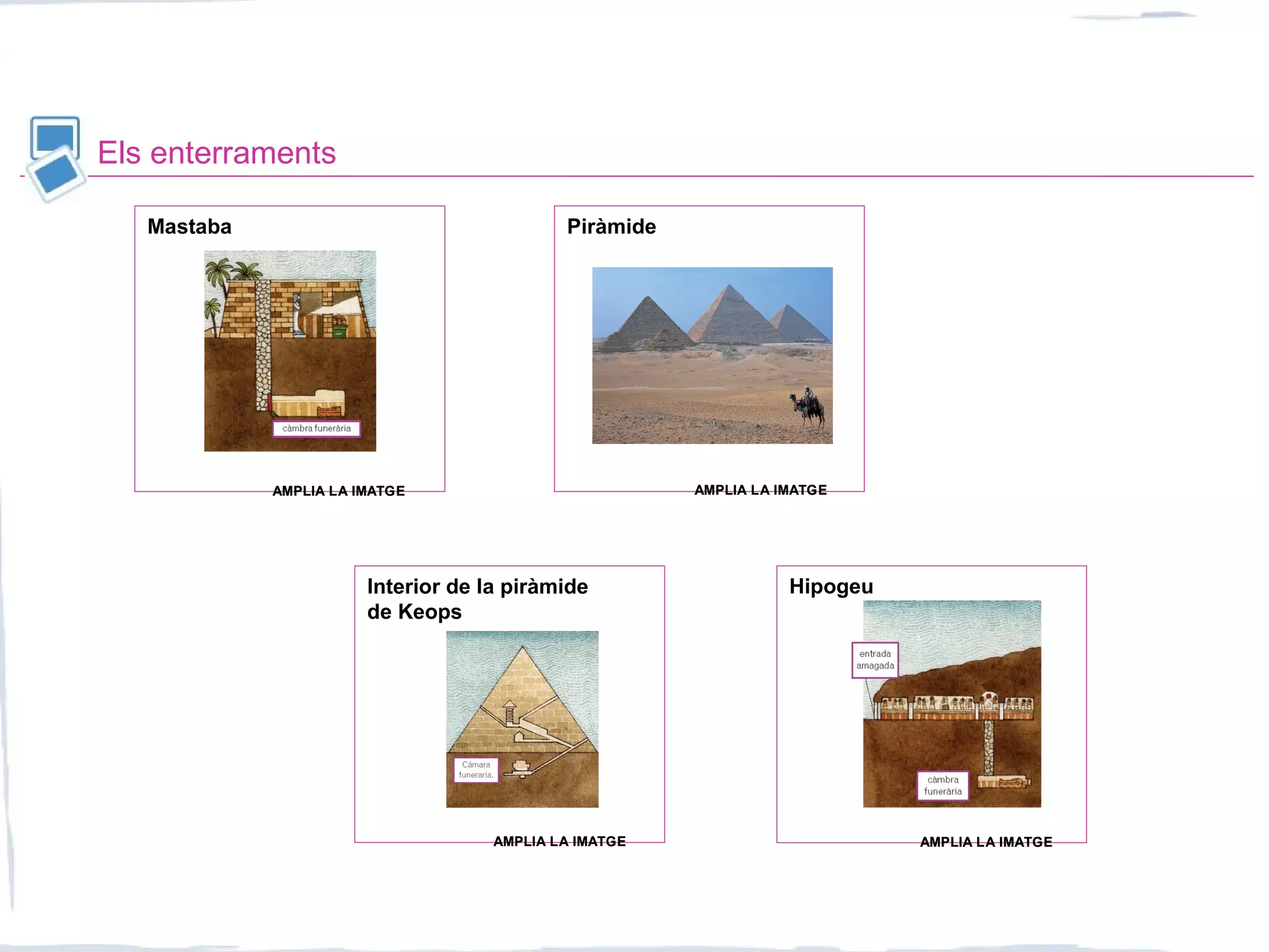 Els enterraments
Mastaba Piràmide
Interior de la piràmide
de Keops
Hipogeu
AMPLIA LA IMATGEAMPLIA LA IMATGE
AMPLIA LA IMATGEAMPLIA LA IMATGE
AMPLIA LA IMATGEAMPLIA LA IMATGE
AMPLIA LA IMATGEAMPLIA LA IMATGE
 