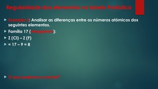 Regularidade dos elementos na tabela Periódica
 Exemplo 3: Analisar as diferenças entre os números atómicos dos
seguintes elementos.
 Família 17 (Halogénios):
 Z (Cl) – Z (F)
 = 17 – 9 = 8
 O que podemos concluir?
 