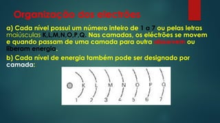 Organização dos electrões
a) Cada nível possui um número inteiro de 1 a 7 ou pelas letras
maiúsculas K,L,M,N,O,P,Q. Nas camadas, os eléctrões se movem
e quando passam de uma camada para outra absorvem ou
liberam energia.
b) Cada nível de energia também pode ser designado por
camada:
 