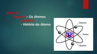 Lição nº
Tema A – Os átomos
Sumário:
- História do átomo
 