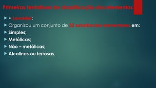 Primeiras tentativas de classificação dos elementos
 • Lavoisier:
 Organizou um conjunto de 33 substâncias elementares em:
 Simples;
 Metálicas;
 Não – metálicas;
 Alcalinas ou terrosas.
 