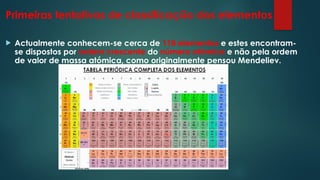 Primeiras tentativas de classificação dos elementos
 Actualmente conhecem-se cerca de 118 elementos e estes encontram-
se dispostos por ordem crescente do número atómico e não pela ordem
de valor de massa atómica, como originalmente pensou Mendeliev.
 