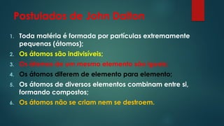 Postulados de John Dalton
1. Toda matéria é formada por partículas extremamente
pequenas (átomos);
2. Os átomos são indivisíveis;
3. Os átomos de um mesmo elemento são iguais;
4. Os átomos diferem de elemento para elemento;
5. Os átomos de diversos elementos combinam entre si,
formando compostos;
6. Os átomos não se criam nem se destroem.
 