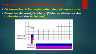 A estrutura da Tabela periódica actual
 Os elementos de transição podem denominar-se como:
 Elementos de transição interna (Série dos elementos dos
Lantanídeos e dos Actinídeos)
 