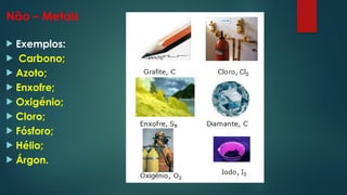 Não – Metais
 Exemplos:
 Carbono;
 Azoto;
 Enxofre;
 Oxigénio;
 Cloro;
 Fósforo;
 Hélio;
 Árgon.
 
