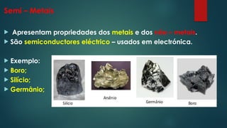 Semi – Metais
 Apresentam propriedades dos metais e dos não – metais.
 São semiconductores eléctrico – usados em electrónica.
 Exemplo:
 Boro;
 Silício;
 Germânio;
 