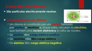 Conceito de átomo
 São partículas electricamente neutras.
 Constituição de um átomo
 Um átomo é constituído por um núcleo formado
por protões e neutrões e, à sua volta, circulam os electrões,
que formam uma nuvem eletrónica à volta do núcleo.
 Os protões têm carga elétrica positiva
 Os neutrões não têm carga elétrica
 Os eletrões têm carga elétrica negativa
 