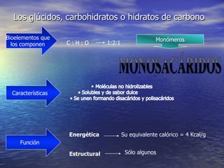 Los glúcidos, carbohidratos o hidratos de carbono

Bioelementos que                                       Monómeros
  los componen      C:H:O         1:2:1




                            • 
  Características




                    Energética            Su equivalente calórico = 4 Kcal/g
     Función

                    Estructural            Sólo algunos
 
