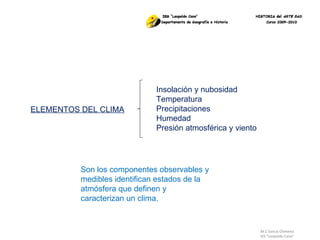 M.C García Chimeno IES “Leopoldo Cano” Insolación y nubosidad Temperatura Precipitaciones Humedad Presión atmosférica y viento ELEMENTOS DEL CLIMA Son los componentes observables y medibles  identifican estados de la atmósfera que definen y caracterizan un clima. 