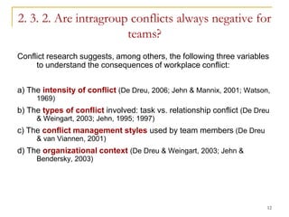 2. 3. 2. Are intragroup conflicts always negative for
                       teams?
Conflict research suggests, among others, the following three variables
     to understand the consequences of workplace conflict:


a) The intensity of conflict (De Dreu, 2006; Jehn & Mannix, 2001; Watson,
     1969)
b) The types of conflict involved: task vs. relationship conflict (De Dreu
     & Weingart, 2003; Jehn, 1995; 1997)
c) The conflict management styles used by team members (De Dreu
     & van Viannen, 2001)
d) The organizational context (De Dreu & Weingart, 2003; Jehn &
     Bendersky, 2003)




                                                                         12
 
