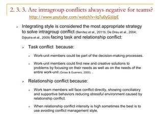 2. 3. 3. Are intragroup conflicts always negative for teams?
          http://www.youtube.com/watch?v=Iq7u0yGjUpE

     Integrating style is considered the most appropriate strategy
      to solve intragroup conflict (Benítez et al., 2011b; De Dreu et al., 2004;
      Dijkstra et al., 2009) facing task and relationship conflict:


         Task conflict because:
             Work-unit members could be part of the decision-making processes.

             Work-unit members could find new and creative solutions to
              problems by focusing on their needs as well as on the needs of the
              entire work-unit (Gross & Guerrero, 2000). .

         Relationship conflict because:
             Work team members will face conflict directly, showing conciliatory
              and supportive behaviors reducing stressful environment caused by
              relationship conflict.

             When relationship conflict intensity is high sometimes the best is to
              use avoiding conflict management style.
 