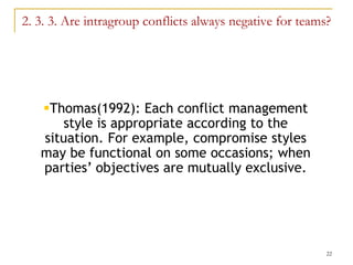 2. 3. 3. Are intragroup conflicts always negative for teams?




   Thomas(1992): Each conflict management
       style is appropriate according to the
   situation. For example, compromise styles
   may be functional on some occasions; when
   parties’ objectives are mutually exclusive.




                                                           22
 