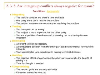 2. 3. 3. Are intragroup conflicts always negative for teams?
                           Conditions : Appropiate
     Integrating
          The topic is complex and there’s time available
          One party alone can’t resolve the problem
          The parties’ resources are necessary for resolving the problem
     Yielding
          You think you can be wrong
          The subject is more important for the other party
          You are in position of weakness and preserving the relationship is more
           important
     Dominating
          An urgent solution is necessary
          An unfavorable decision from the other part can be detrimental for your own
           interests
          Your subordinates lack experience in making technical decisions
     Avoiding
          The negative effect of confronting the other party outweighs the benefit of
           solving it is
          Time for thought is needed
     Compromising
          The parties’ goals are mutually exclusive
          Consensus cannot be rejected
 