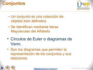 Conjuntos
FI-GQ-GCMU-004-015 V. 000-27-08-2011
– Un conjunto es una colección de
objetos bien definidos.
– Se identifican mediante letras
Mayúsculas del Alfabeto
• Círculos de Euler o diagramas de
Venn.
• Son los diagramas que permiten la
representación de los conjuntos y sus
relaciones
 