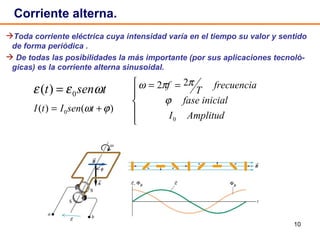 Corriente alterna.  Toda corriente eléctrica cuya intensidad varía en el tiempo su valor y sentido de forma periódica .  De todas las posibilidades la más importante (por sus aplicaciones tecnoló-gicas) es la corriente alterna sinusoidal. 