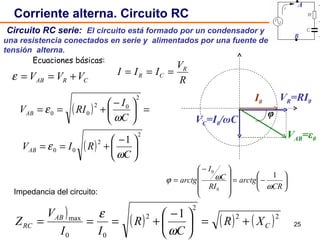 Corriente alterna. Circuito RC Impedancia del circuito: Ecuaciones básicas: Circuito RC serie:   El circuito está formado por un condensador y una resistencia conectados en serie y  alimentados por una fuente de tensión  alterna. I 0 V C =I 0 / ω C V R =RI 0 V AB =ε 0 φ B A 