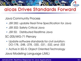 14JamaicaVM: Realtime Response for Java Applications
aicas Drives Standards Forward
Java Community Process
JSR 282: update Real-Time Specification for Java
JSR 302: Safety Critical Java
JSR 50: Distributed Realtime Java
SC-205/WG-71 Plenary
Update software standards for civil aviation:
DO-178, -248, -278, -330, -331, -332, and -333
Active in SG-5: Object Oriented Technology
Java Modeling Language (JML)
 