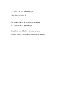 1,5*397 ln 373/263= 208,082 J/kg*K
Total= 26283,164 J/kg*K
Una masa de 3,45 kg de vapor que se condensan
ΔS= -7798505/373= -20907 J/kg*k
ΔS total=ΔS vaso del cobre+ ΔS hielo+ΔSvapor
ΔStotal= 208,082+26075,082+(-20907) =5376,164 J/kg
 
