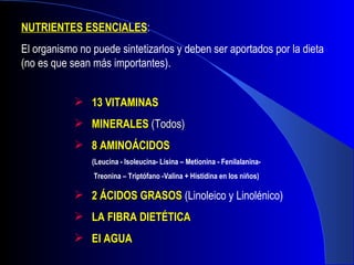 NUTRIENTES ESENCIALES :  El organismo no puede sintetizarlos y deben ser aportados por la dieta (no es que sean más importantes). 13 VITAMINAS MINERALES   (Todos) 8 AMINOÁCIDOS   (Leucina - Isoleucina- Lisina – Metionina - Fenilalanina- Treonina – Triptófano -Valina + Histidina en los niños) 2 ÁCIDOS GRASOS  (Linoleico y Linolénico) LA FIBRA DIETÉTICA El AGUA 