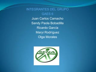 INTEGRANTES DEL GRUPO GAES 6 Juan Carlos Camacho Sandy Paola Bobadilla Ricardo García Maryi Rodríguez Olga Morales 