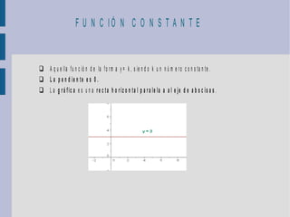 F U N C IÓ N C O N S T A N T E


 A q u e lla f u n c ió n d e la f o r m a y = k , s ie n d o k u n n ú m e r o c o n s t a n t e .
 L a p e n d ie n te e s 0 .
 L a g r á fic a e s u n a r e c ta h o r iz o n ta l p a r a le la a a l e je d e a b s c is a s .
 