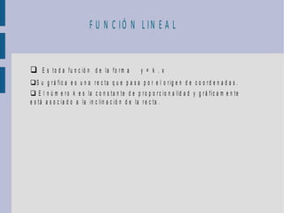 F U N C IÓ N L IN E A L


 E s to d a fu n c ió n d e la fo r m a              y = k . x
S u g r á f i c a e s u n a r e c t a q u e p a s a p o r e l o r i g e n d e c o o r d e n a d a s .
 E l n ú m e r o k e s la c o n s ta n te d e p r o p o r c io n a lid a d y g r á fic a m e n te
e s tá a s o c ia d o a la in c lin a c ió n d e la r e c ta .
 