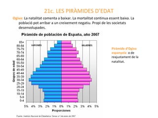 21c. LES PIRÀMIDES D’EDAT
Ogiva: La natalitat comenta a baixar. La mortalitat continua essent baixa. La
   població pot arribar a un creixement negatiu. Propi de les societats
   desenvolupades.




                                                              Piràmide d’Ogiva
                                                              espanyola o de
                                                              reajustament de la
                                                              natalitat.
 